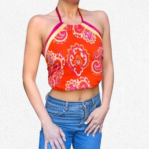 Vintage y2k bright paisley print silk Guess halter top - Picture 3 of 4